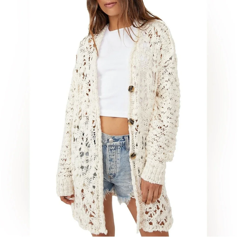 Free people open-knit cardigan pure cotton cream button up - Picture 1 of 3